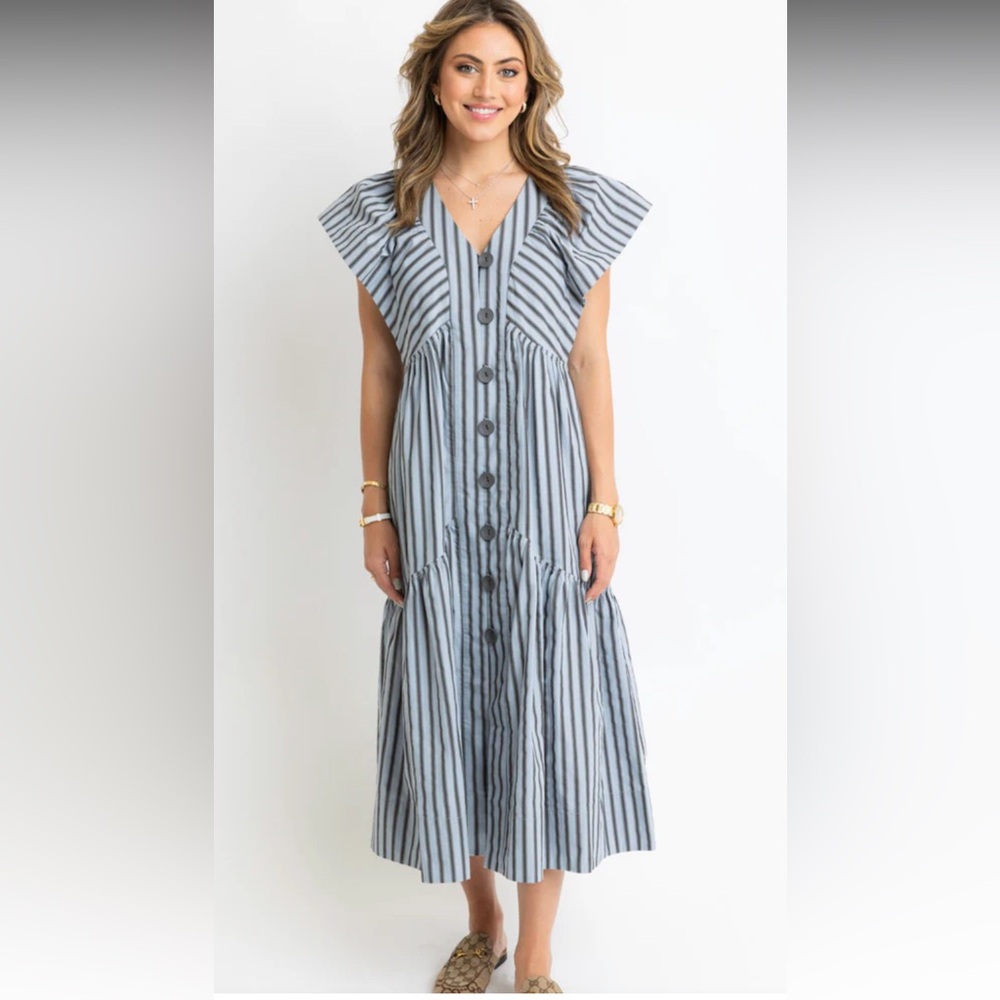 Karlie Black and Gray Ruffled Wrap Midi Dress